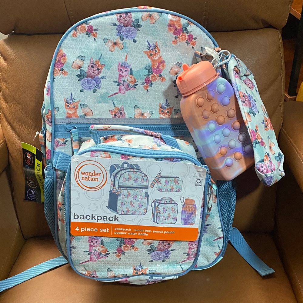Wonder Nation Kids‎ Backpack 4 pc Set with Cat and Butterfly Design NWT
